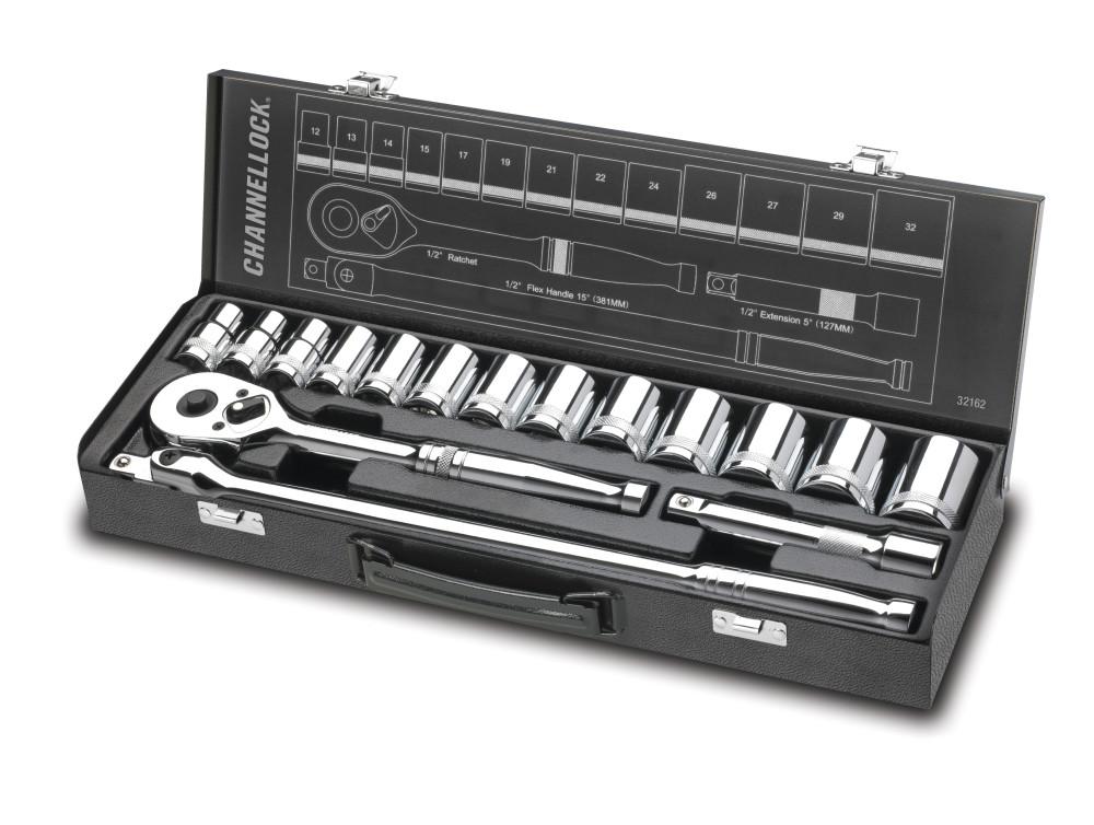 Channellock&reg; 32162 Ratcheting Socket Set, 1/2 in Drive, 16 Pieces, Vanadium Steel, Polished Chrome/Nickel