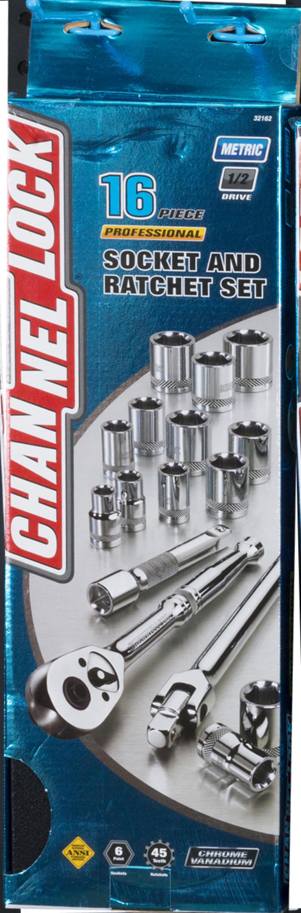 Channellock&reg; 32162 Ratcheting Socket Set, 1/2 in Drive, 16 Pieces, Vanadium Steel, Polished Chrome/Nickel