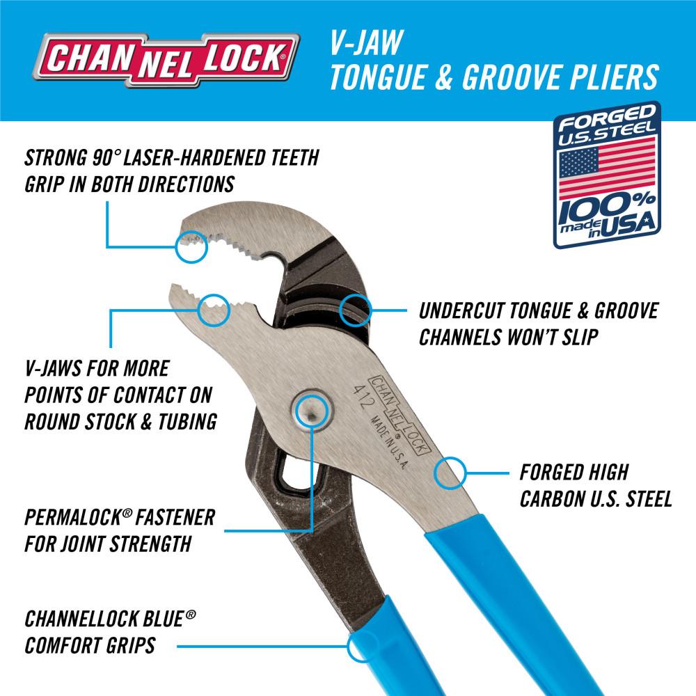 Channellock&reg; 412 Tongue and Groove Plier, 0.94 in, 0.81 in V-Jaw Steel Jaw, 6-1/2 in OAL