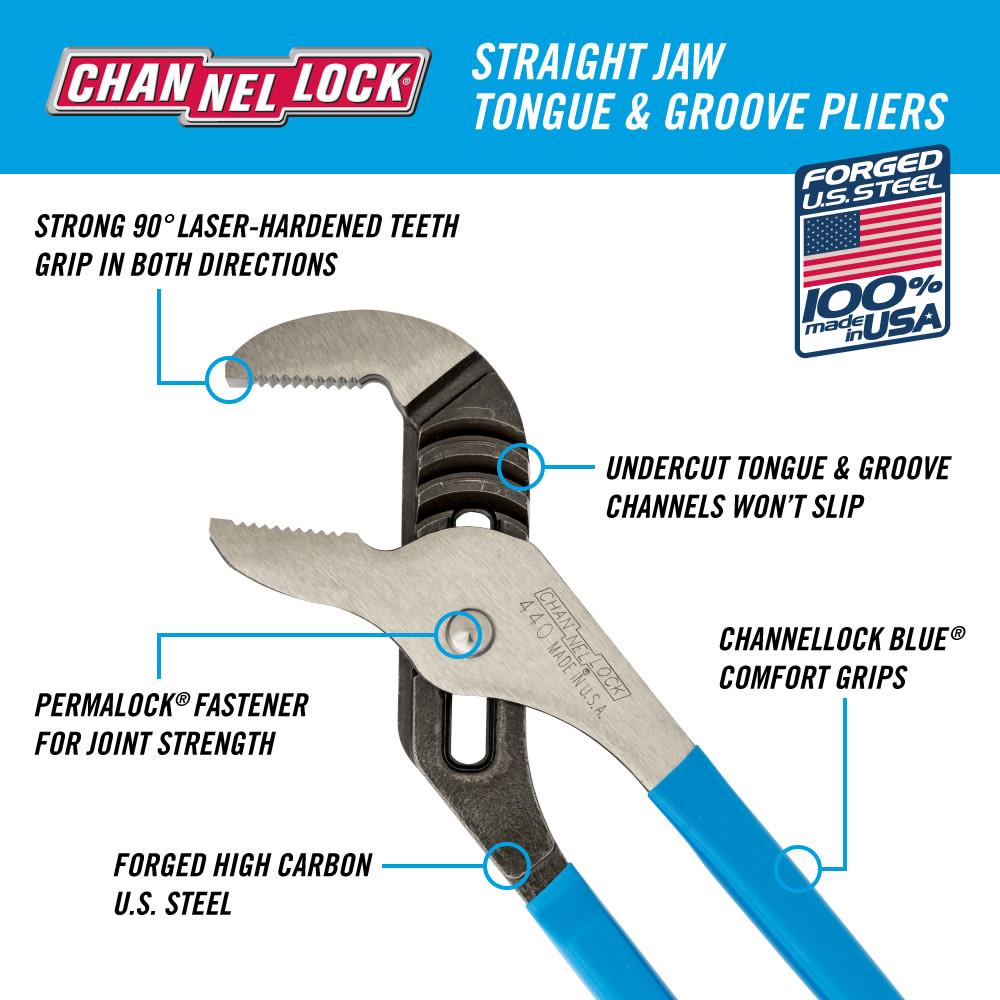 Channellock&reg; CD-440 Tongue and Groove Plier, 2-1/4 in, 1-1/2 in L x 1/2 in THK Straight Forged Alloy Steel Jaw, 12 in OAL