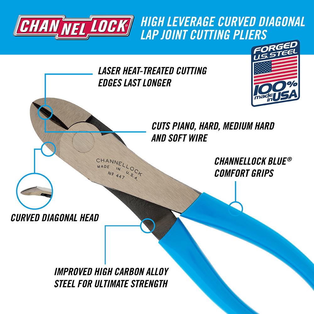 Channellock&reg; 447 High Leverage Diagonal Cutting Plier, 3/64 to 3/32 in Piano Nominal, 1.02 in L x 1.06 in W x 0.49 in THK High Carbon Drop Forged Steel Jaw, 7-3/4 in OAL