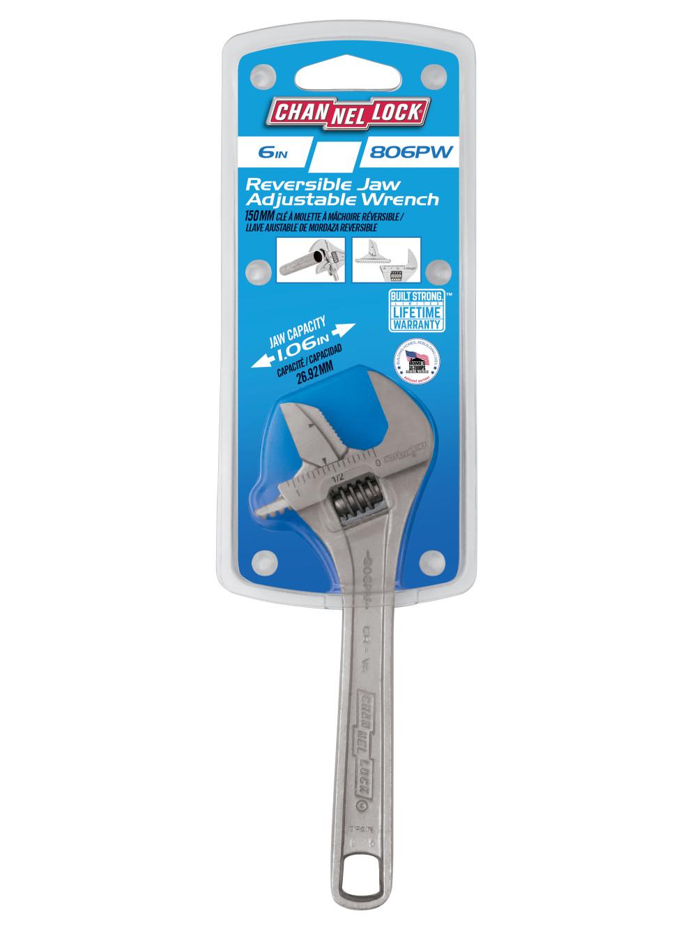 Channellock&reg; 806PW Adjustable Wrench, 1.062 in Reversible, 6.38 in OAL, Chrome Vanadium Steel Body, Chrome Vanadium Steel