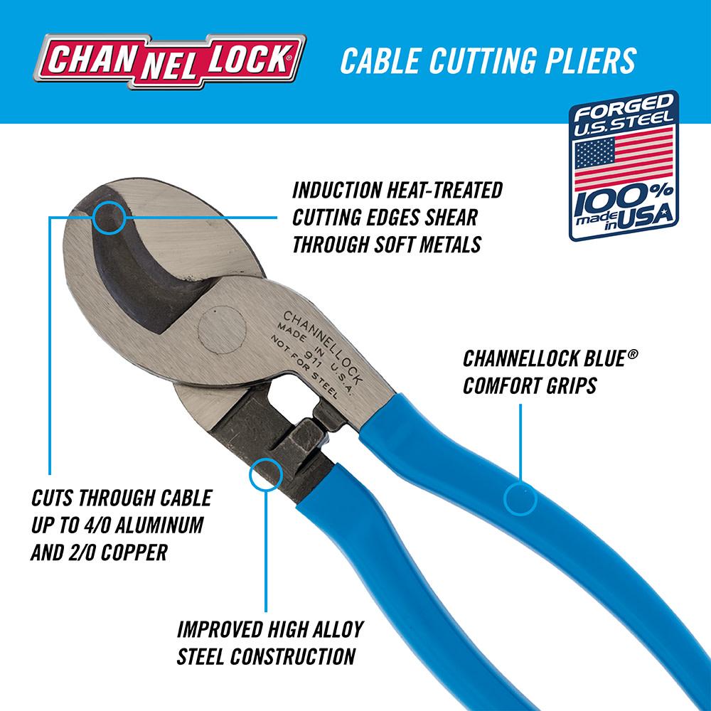 Channellock&reg; 911 Heavy Duty Cable Cutter, 2/0 AWG Copper, 4/0 AWG Aluminum Cable/Wire, 9-1/2 in OAL, High Carbon Drop Forged Steel Jaw