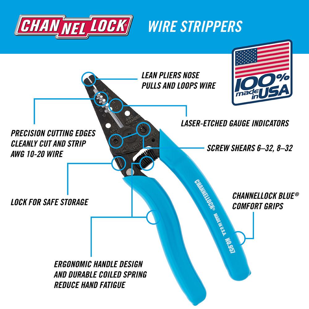 Channellock&reg; 957 Special Purpose Wire Stripping Tool, 20 to 10 AWG, 7 in OAL, #6-32, #8-32 Screws Shearing, 1.68 in L Jaw