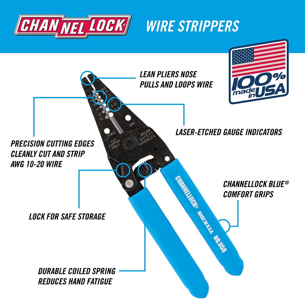 Channellock&reg; 958 Wire Stripper/Cutter, 20 to 10 AWG Solid/Stranded Cable, 6-1/4 in OAL, 1.61 in L Jaw, Steel Body