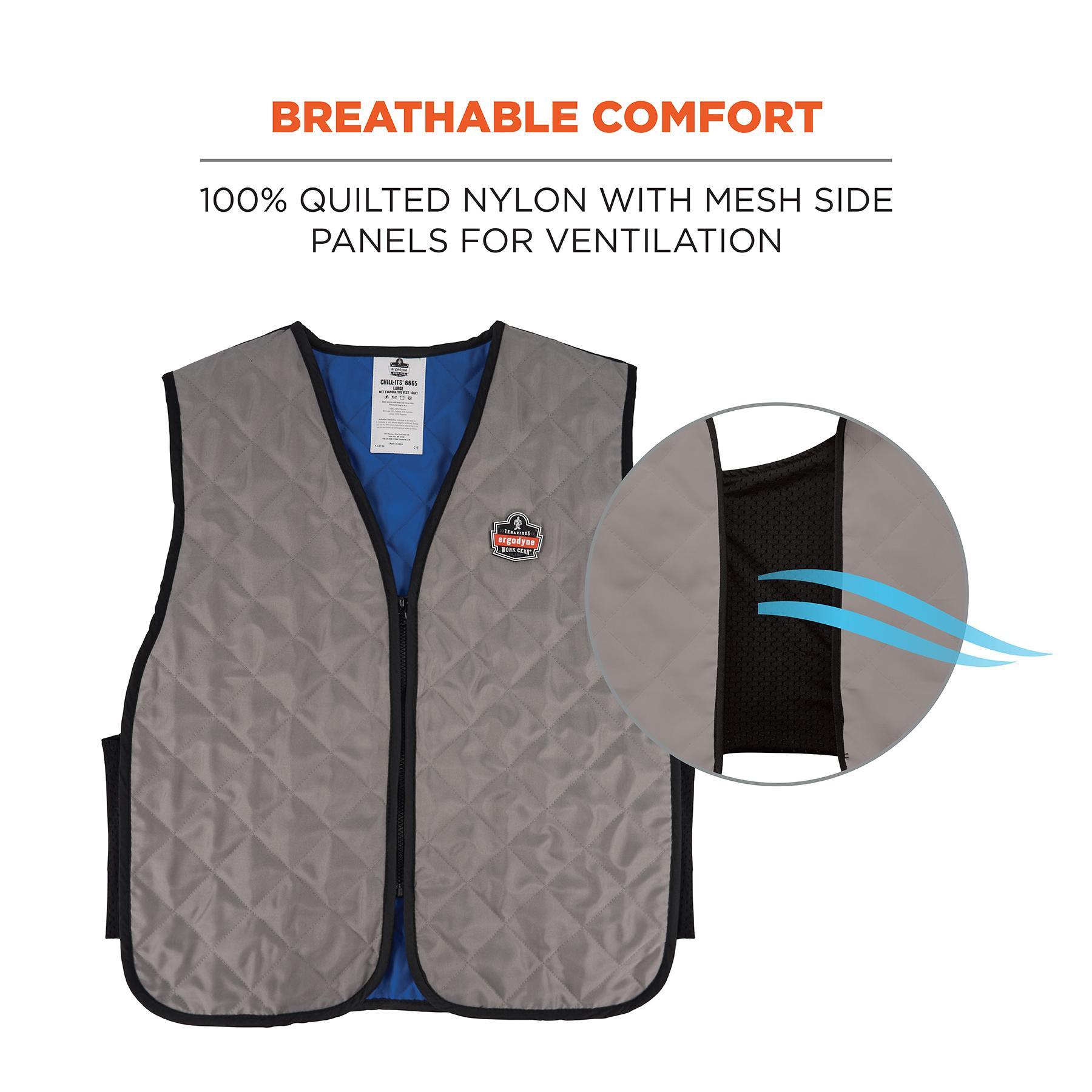 Chill-Its&reg; 12544 6665 Evaporative Cooling Vest, L, Gray, Nylon/Polymer-Embedded Fabric, Evaporative/Soak in Cold Water Cooling, Front Zipper Closure