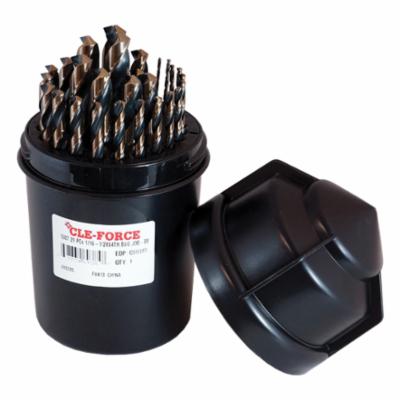 Cle-Force&trade; Bit Barrel&trade; C69385 1607 Heavy Duty Jobber Length Drill Set, 1/16 in Min Drill Bit, 1/2 in Max Drill Bit, 135 deg Drill Point Angle, 29 Pieces, HSS, Black/Gold
