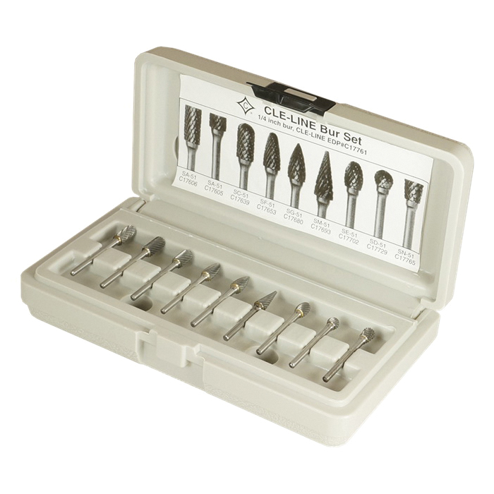 Cle-Line&reg; C17761 1855 Inverted Taper Burr Set, Single Cut, Ball, Cylindrical, Conical, Cylindrical Ball End, Egg, Inverted Taper, Pointed Conical, Pointed Tree and Round Tree Head, 9 Pieces, 2 in OAL