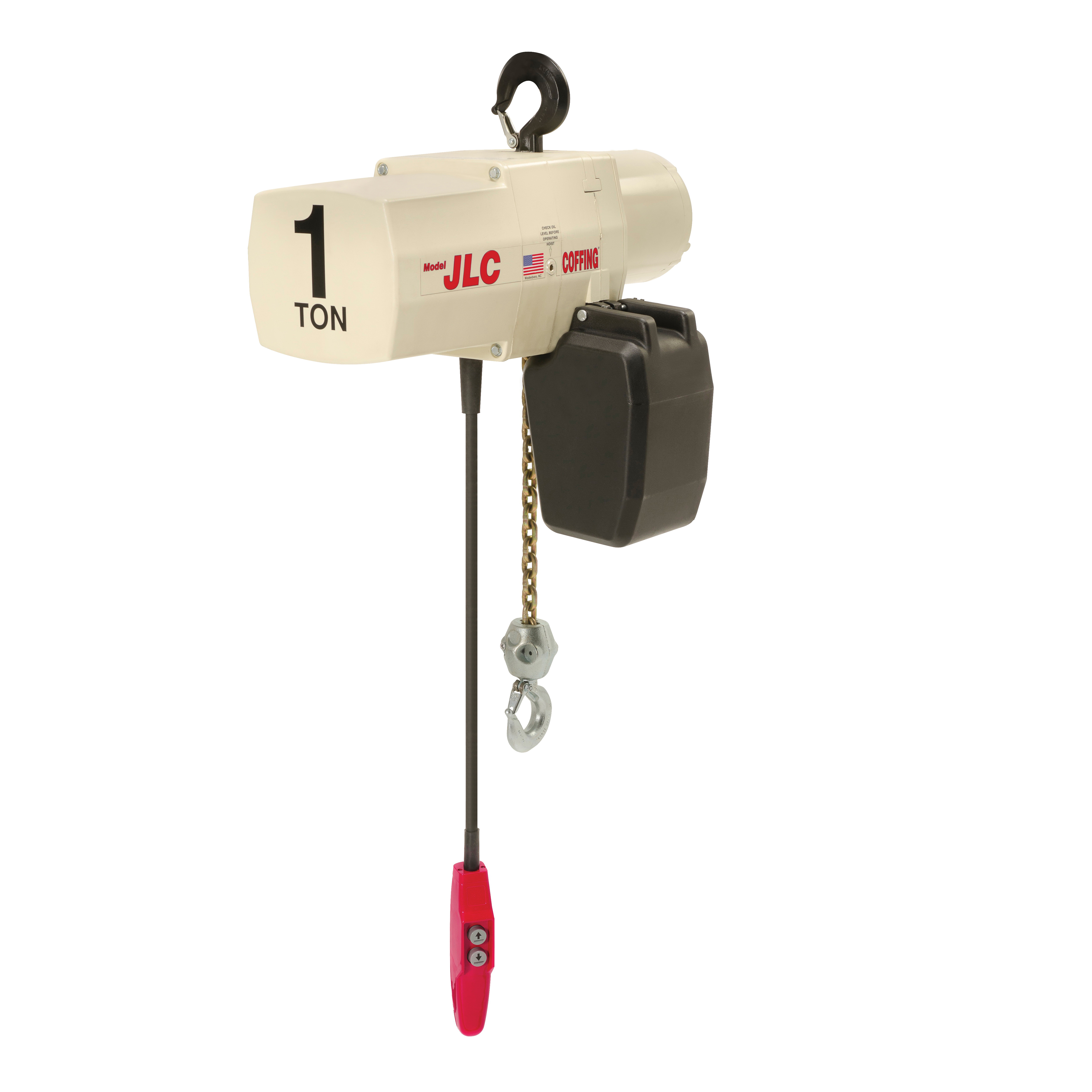 Coffing&reg; Hoists 08201W JLC Single Reeving Electric Chain Hoist With Chain Container, 0.125 ton Load, 10 ft H Lifting, 1/4 hp Power Rating, 115/230 V AC