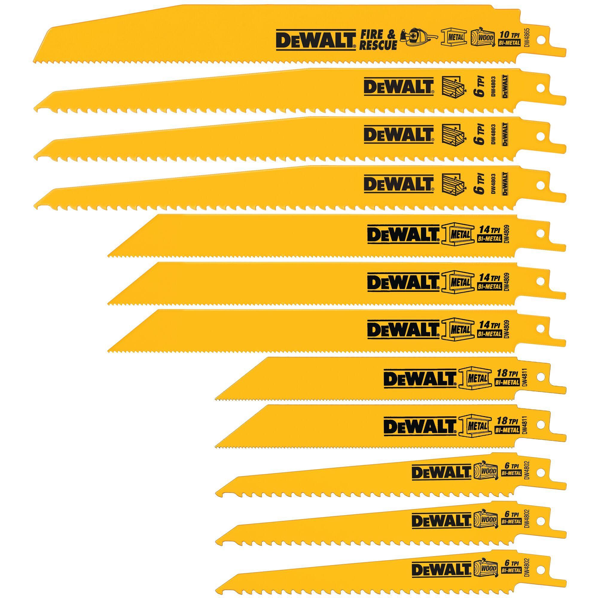 DeWALT® DW3742C Jig Saw Blade Set With Standard Case, 14 Pieces, 3 to 5 in L x 0.3 to 0.39 in W x 0.04 to 0.05 in THK Blade, 6/10/12/18/32 TPI, Pointed Teeth, T-Shank, For Use With Jig Saws, Bi-Metal