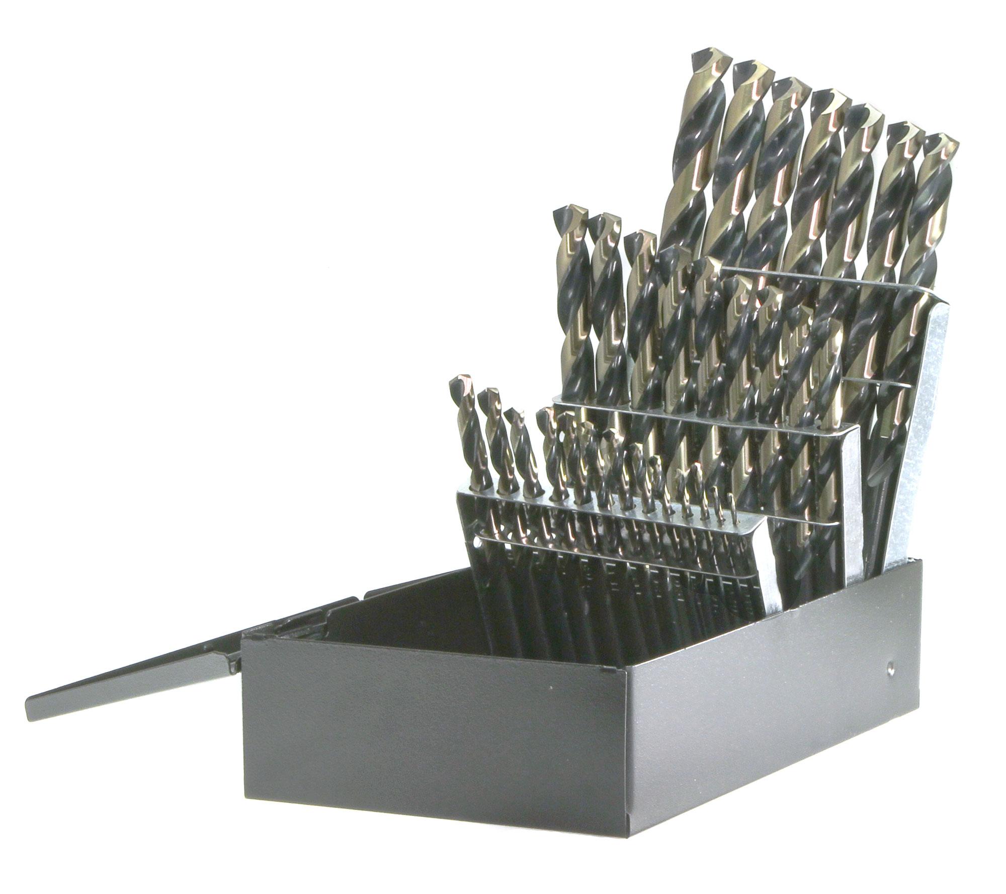Drillco 400F29 Jobber Length Drill Set, 1/16 in Min Drill Bit, 1/2 in Max Drill Bit, 140 deg Drill Point Angle, 29 Pieces, HSS, Black/Gold