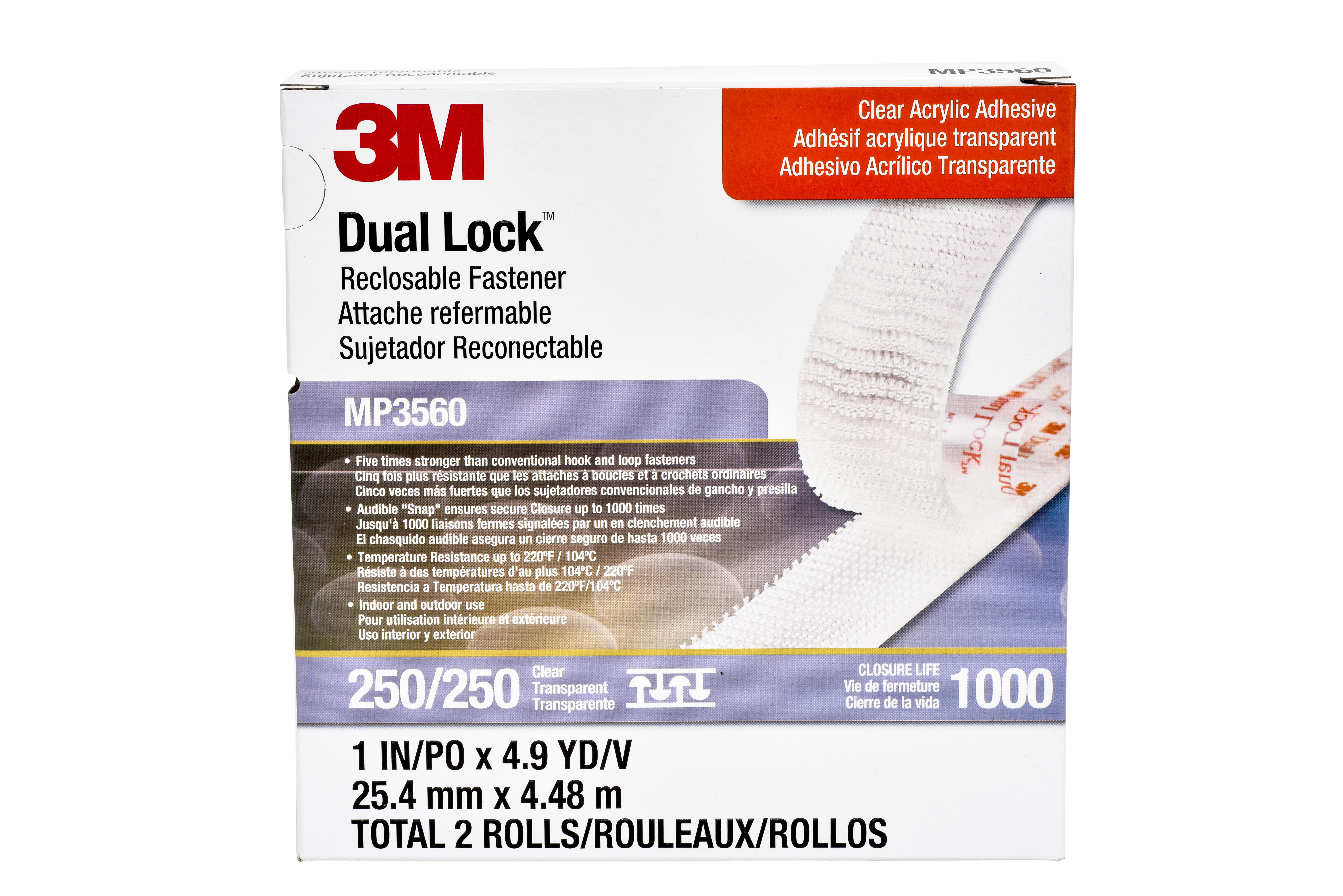 Dual Lock™ 051111-97627 Mushroom Shaped Reclosable Trial Bag Hook and Loop Fastener Tape, 10 ft L x 1 in W, 0.23 in THK Engaged, Synthetic Rubber Adhesive, Black