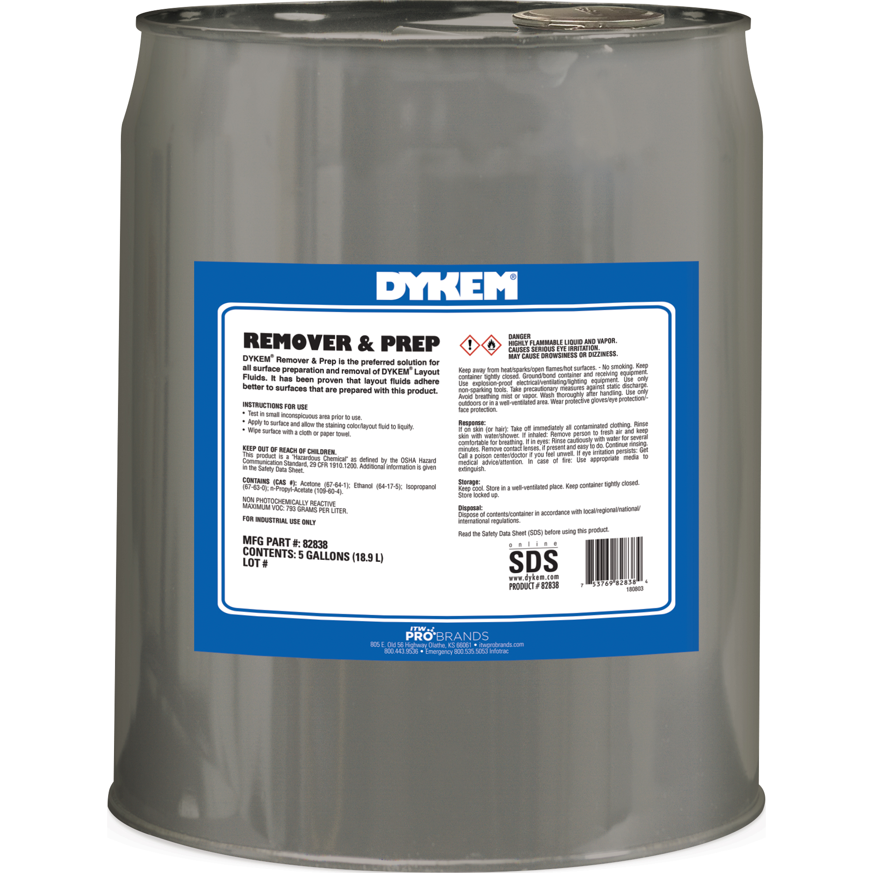 Dykem&reg; 82938 Remover and Prep, 55 gal Drum, Clear, Liquid