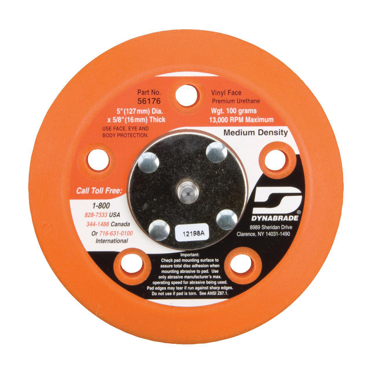 Dynabrade® 54325 Medium Density Non-Vacuum Disc Backing Pad, 5 in Dia Pad, Hook Attachment