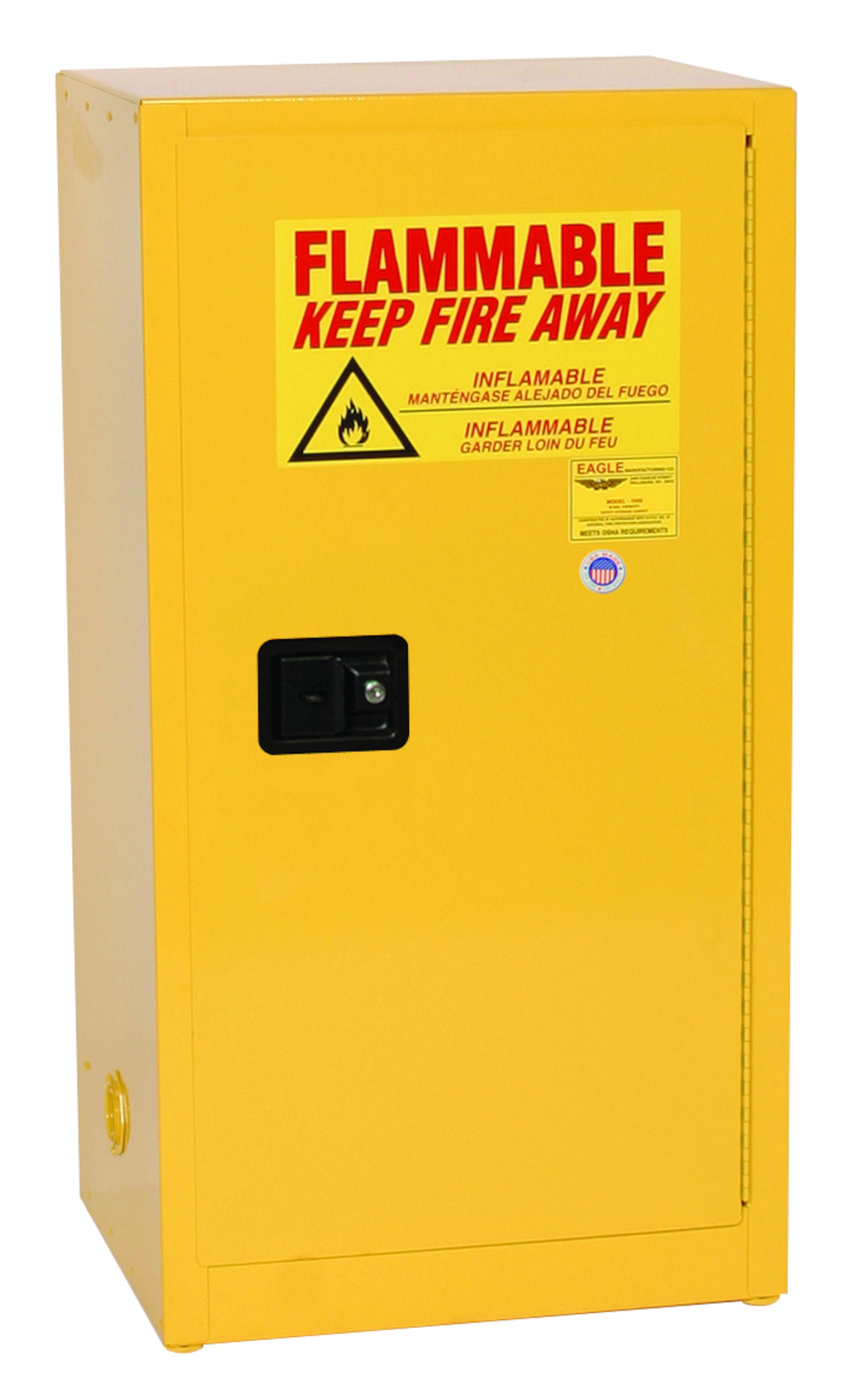 Eagle Manufacturing 1924X Space Saver Flammable Safety Cabinet, 12 gal Capacity, Recessed Paddle Handle, 35 in H x 23 in W x 18 in D, Self-Close Door, 1 Doors, 1 Shelves, Steel, Yellow