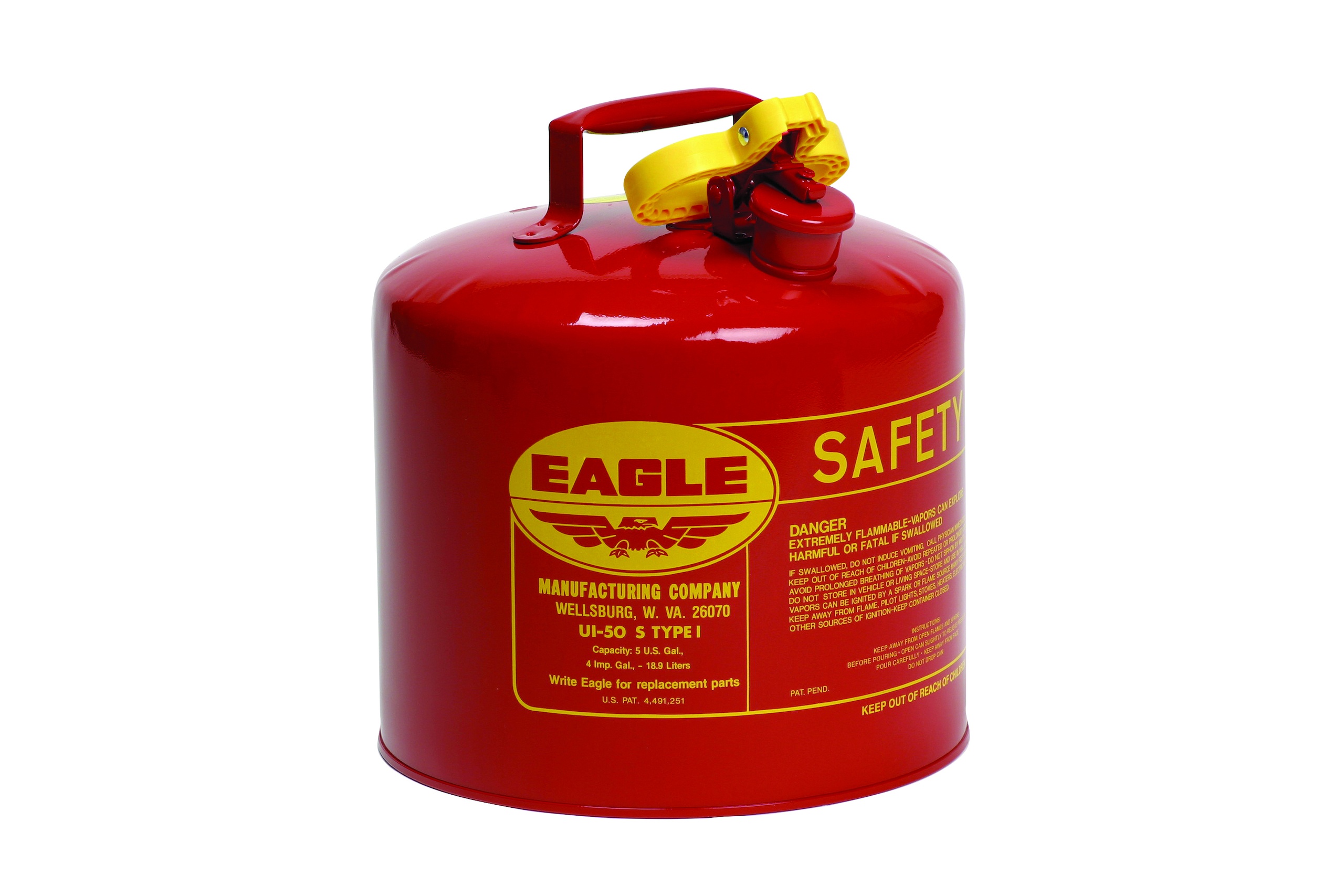 Eagle Manufacturing UI50FSY Type I Safety Can With F-15 Funnel, 5 gal Capacity, 12-1/2 in Dia x 13-1/2 in H, Galvanized Steel, Yellow