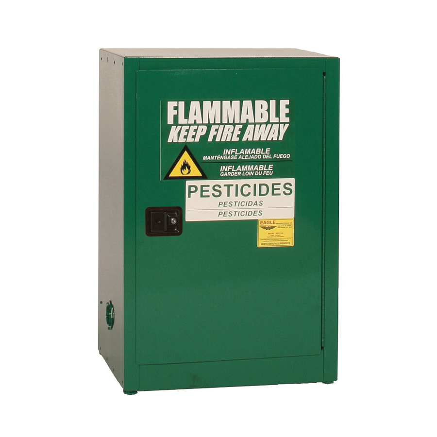 product Eagle Manufacturing PEST26X 1-Drum Vertical Pesticide Cabinet, 55 gal Capacity, Lever Handle, 65 in H x 31-1/4 in W x 31-1/4 in D, Manual Close Door, 2 Doors, 1 Shelves, 18 ga Steel, Green