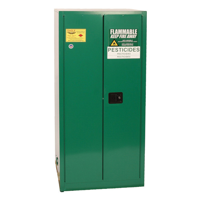 product Eagle Manufacturing PEST4510X Pesticide Cabinet, 350 lb Capacity, Lever Handle, 65 in H x 43 in W x 18 in D, Self-Close Door, 2 Doors, 2 Shelves, 18 ga Steel, Green