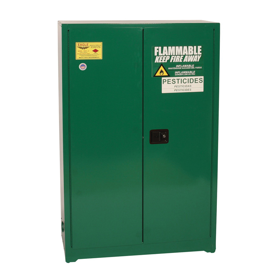 product Eagle Manufacturing PEST62 Pesticide Cabinet, 60 gal Capacity, 65 in H x 31-1/4 in W x 31-1/4 in D, Manual Close Door, 2 Doors, 2 Shelves, 18 ga Steel, Green, Lever Handle