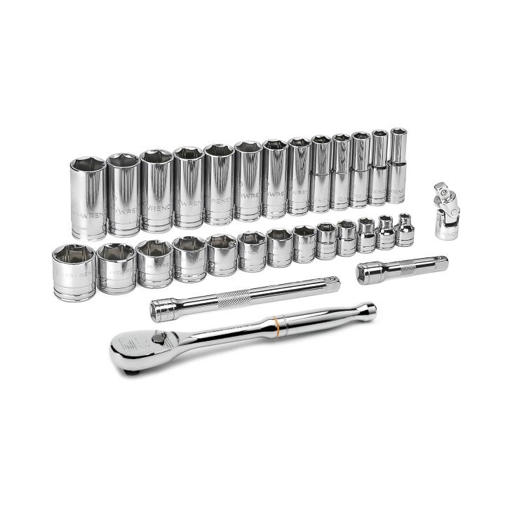 GEARWRENCH® 80569 Socket Set, ASME B107.1/B1007.10, 6 Points, 3/8 in Drive, 30 Pieces, Included Socket Size: 1/4 to 1 in, Blow Molded Case Container