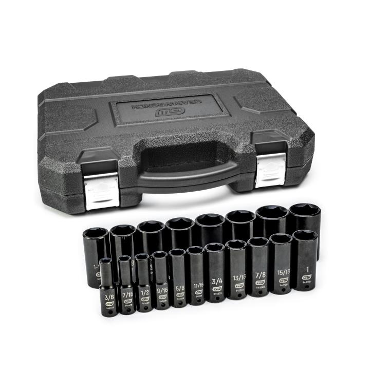 GEARWRENCH&reg; 84934N Impact Socket Set, ASME B107.2, 6 Points, 1/2 in Drive, 19 Pieces, Included Socket Size: 3/8 to 1-1/2 in, Blow Molded Case Container