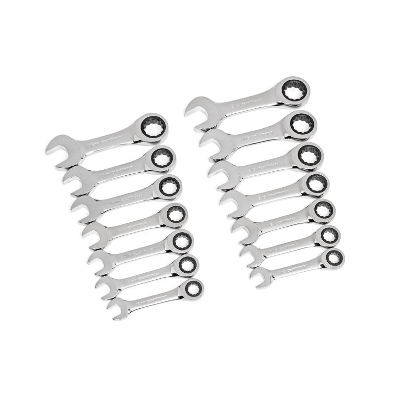 GearWrench&reg; 85206 72-Tooth 12-Point Ratcheting Stubby Combination Wrench Set, 14 Pieces, 3/8 to 3/4 in, 10 to 18 mm, Polished Chrome