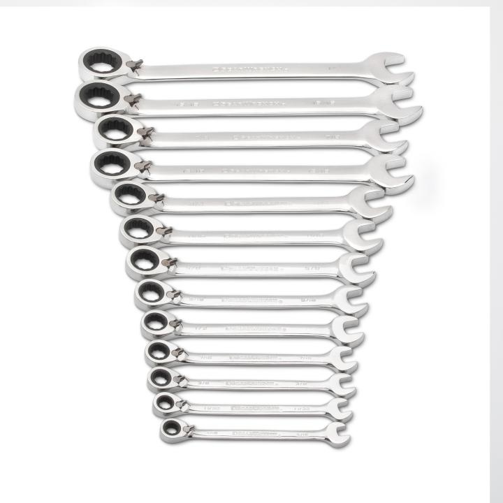 GEARWRENCH® 9509N Reversible Regular Length Combination Ratcheting Wrench Set, 13 Pieces, 5/16 to 1 in, Polished Chrome/Mirror Polished