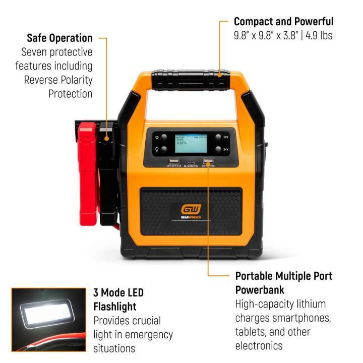 GEARWRENCH&reg; GWLBJ30 Enclosed Jump Starter and Power Bank, 12/24 V, 3.8 in H x 9.8 in W