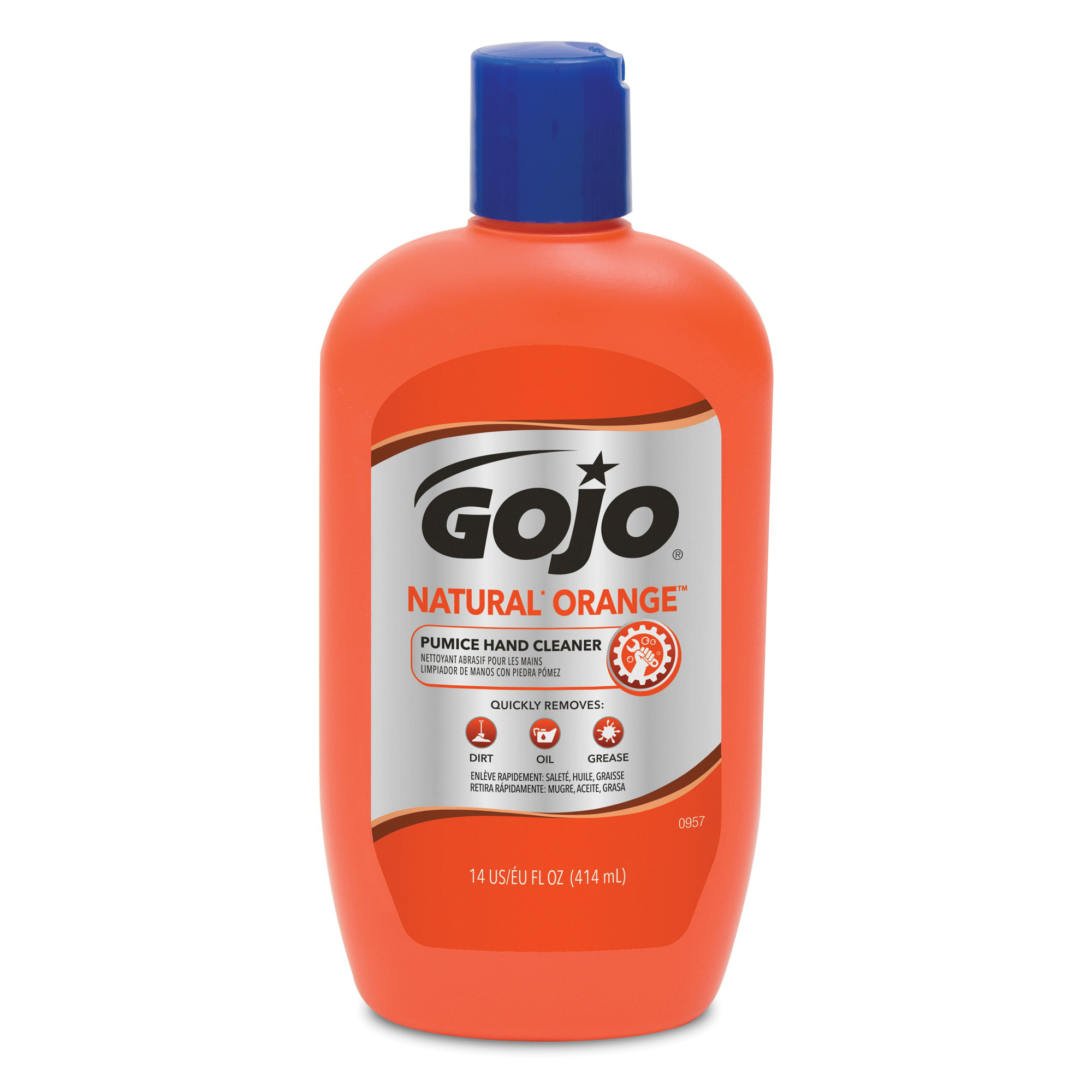 GOJO® 0957-08 NATURAL ORANGE™ Pumice Hand Cleaner, 14 fl-oz, Squeeze Bottle, Liquid, Citrus, White