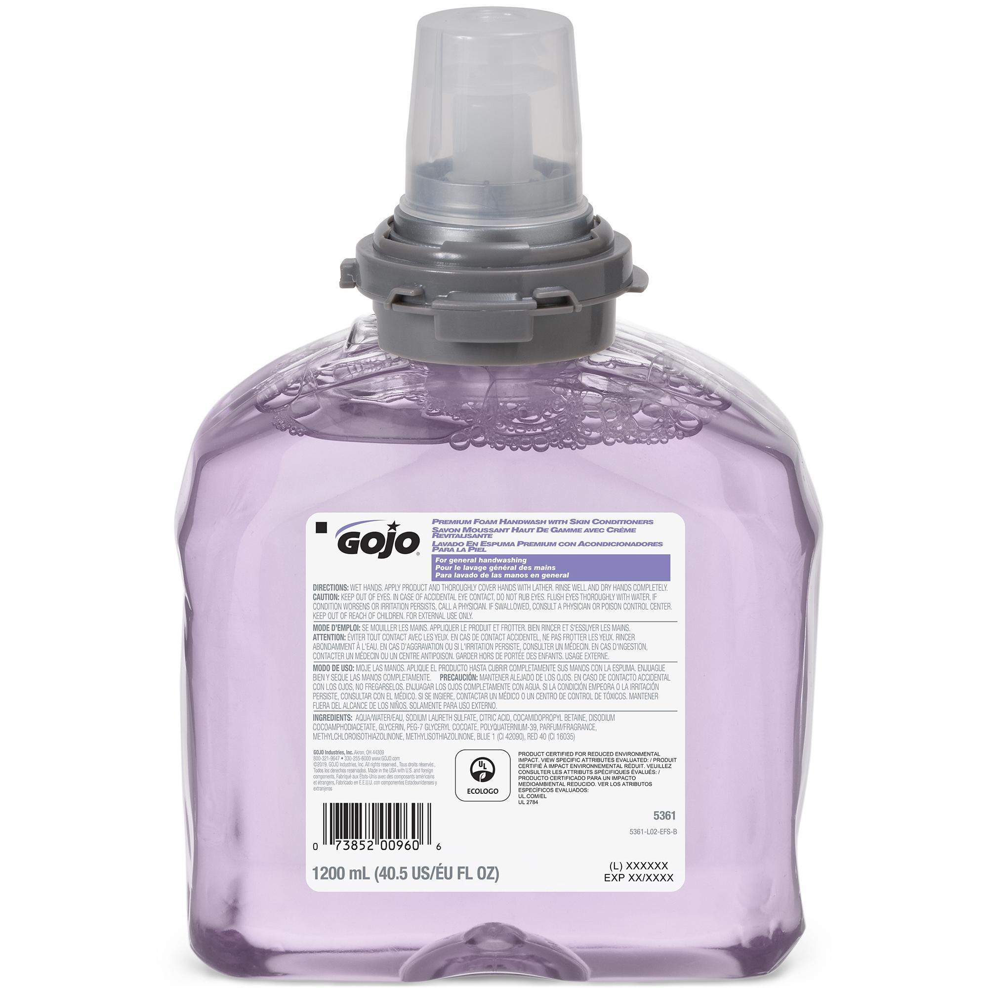 GOJO® 1911-02 LTX-12™ Mild Handwash, 1200 mL Nominal, Dispenser Refill Package, Foam Form, Fragrance-Free/Soapy Odor/Scent, Clear/Colorless to Pale Yellow
