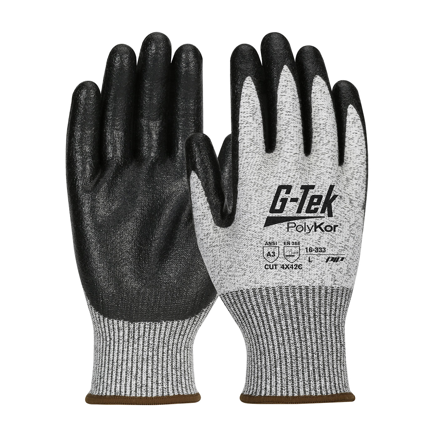 G-Tek&reg; PolyKor&reg; 16-333/L Micro Surface Grip Cut-Resistant Gloves, L, Nitrile Coating, Nitrile/PolyKor&reg;, Knit Wrist Cuff, Resists: Abrasion, Chemical, Cut, Puncture, Tear, Ultraviolet and Water, ANSI Cut-Resistance Level: A3, Paired Hand