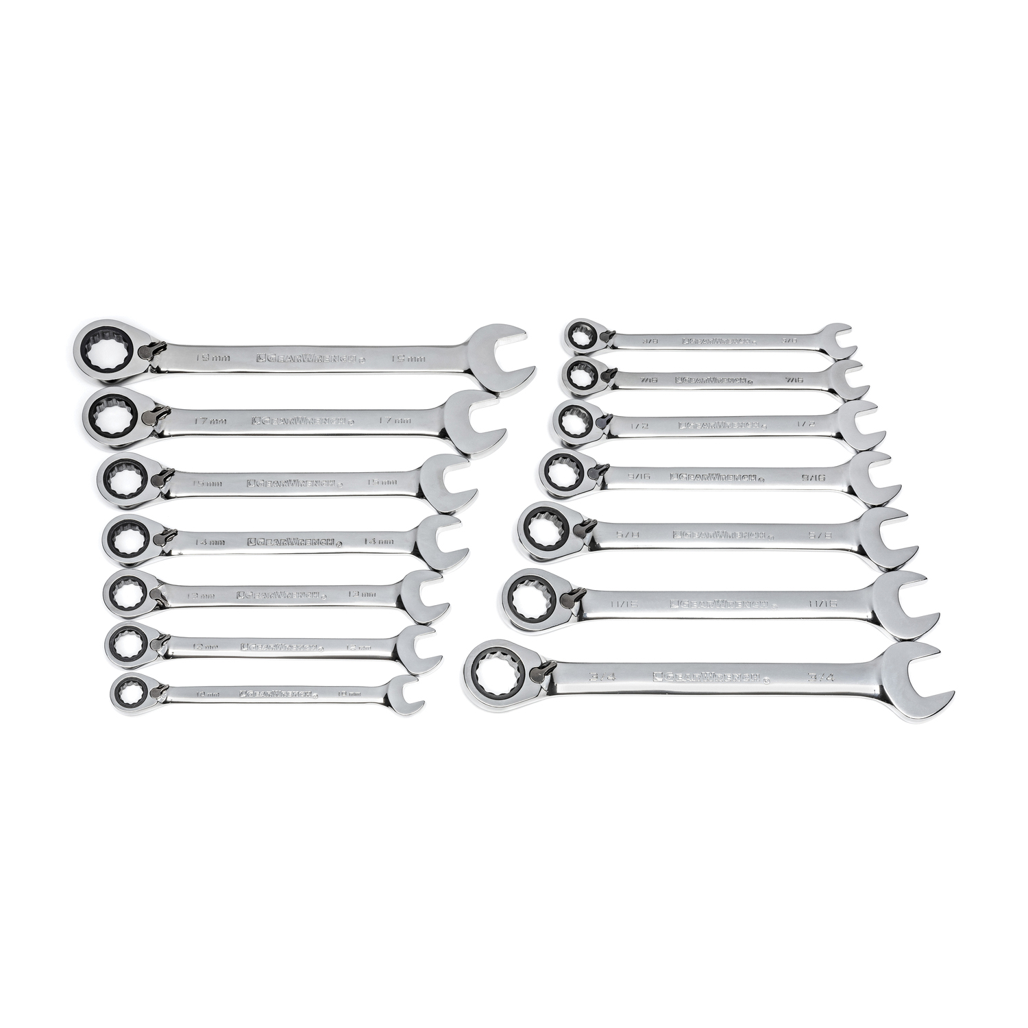 GEARWRENCH&reg; 85142 Combination Wrench Set, 14 Pieces, 3/8 to 3/4 in, 10 to 19 mm, Polished Chrome