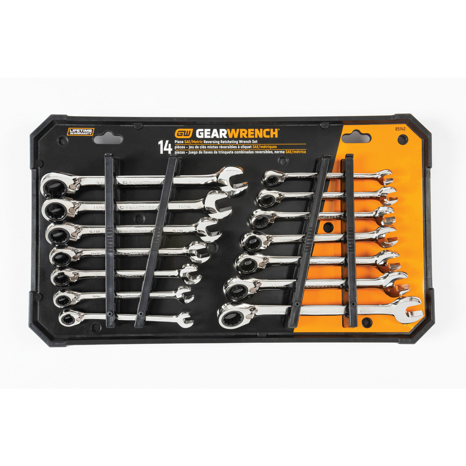 GEARWRENCH&reg; 85142 Combination Wrench Set, 14 Pieces, 3/8 to 3/4 in, 10 to 19 mm, Polished Chrome