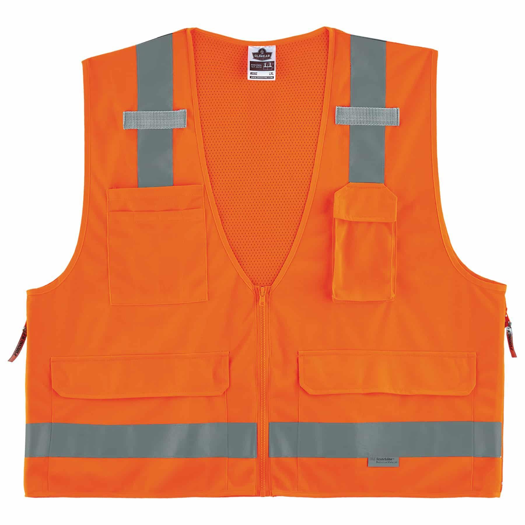 GloWear&reg; 21415 8250Z Surveyors Vest, L/XL, Orange, Polyester Mesh/Solid, Zipper Closure, 5 Pockets, ANSI Class: Class 2, ANSI/ISEA 107-2015 Type R
