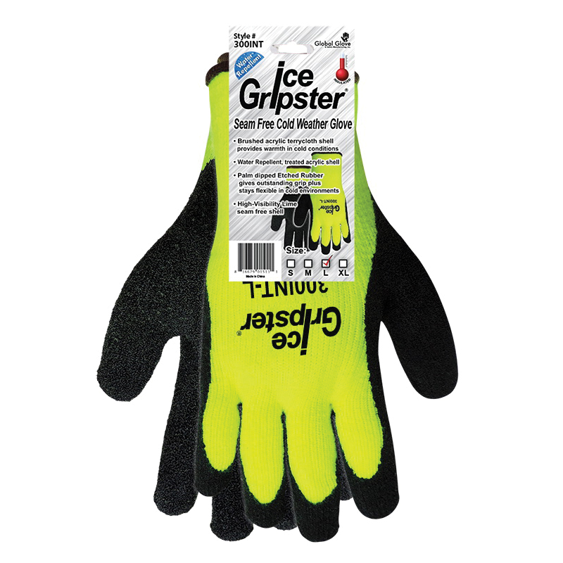 Global Glove Ice Gripster&reg; 300INT-L Insulating General Purpose Gloves, Cold Weather, L, Etched Rubber Palm, Acrylic/Terry Cloth, Hi-Viz Yellow/Green, Knit Wrist Cuff, Rubber Coating, Seamless Lining, Seamless