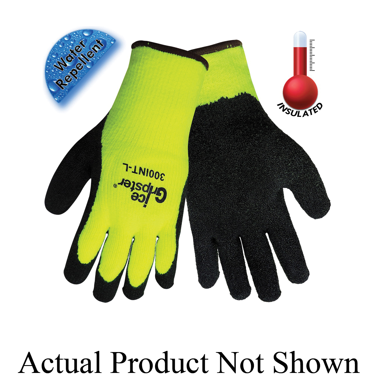 Global Glove Ice Gripster&reg; 300INT-L Insulating General Purpose Gloves, Cold Weather, L, Etched Rubber Palm, Acrylic/Terry Cloth, Hi-Viz Yellow/Green, Knit Wrist Cuff, Rubber Coating, Seamless Lining, Seamless