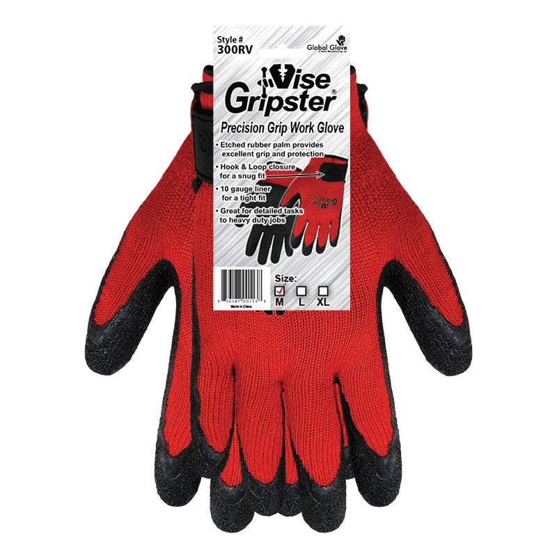 Global Glove Vise Gripster 300RV-XL 300RV General Purpose Gloves, XL, Etched Rubber Palm, 10 ga Cotton/Polyester, Black/Red, Knit Wrist Cuff, Cotton/Polyester Lining