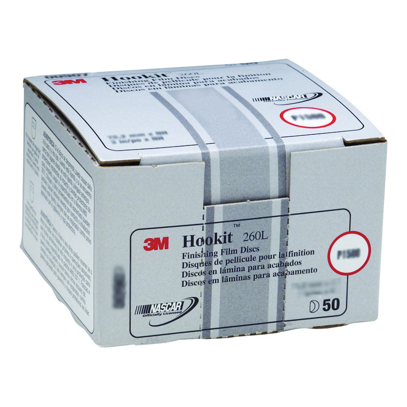 product 3M™ Hookit™ Finishing Film Abrasive Disc 260L, 00907, 3 in, P1500, 50 discs per carton, 4 cartons per case