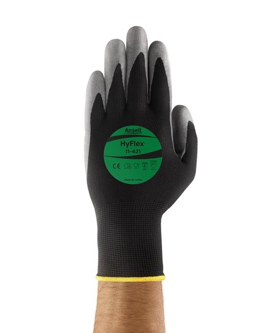 HyFlex&reg; 11421080 11-421 Industrial Grade Gloves, Knit, 8, Black/Grey, Knit Wrist Cuff, Water-Based Polyurethane Coating, Resists: Abrasion, Nylon Lining