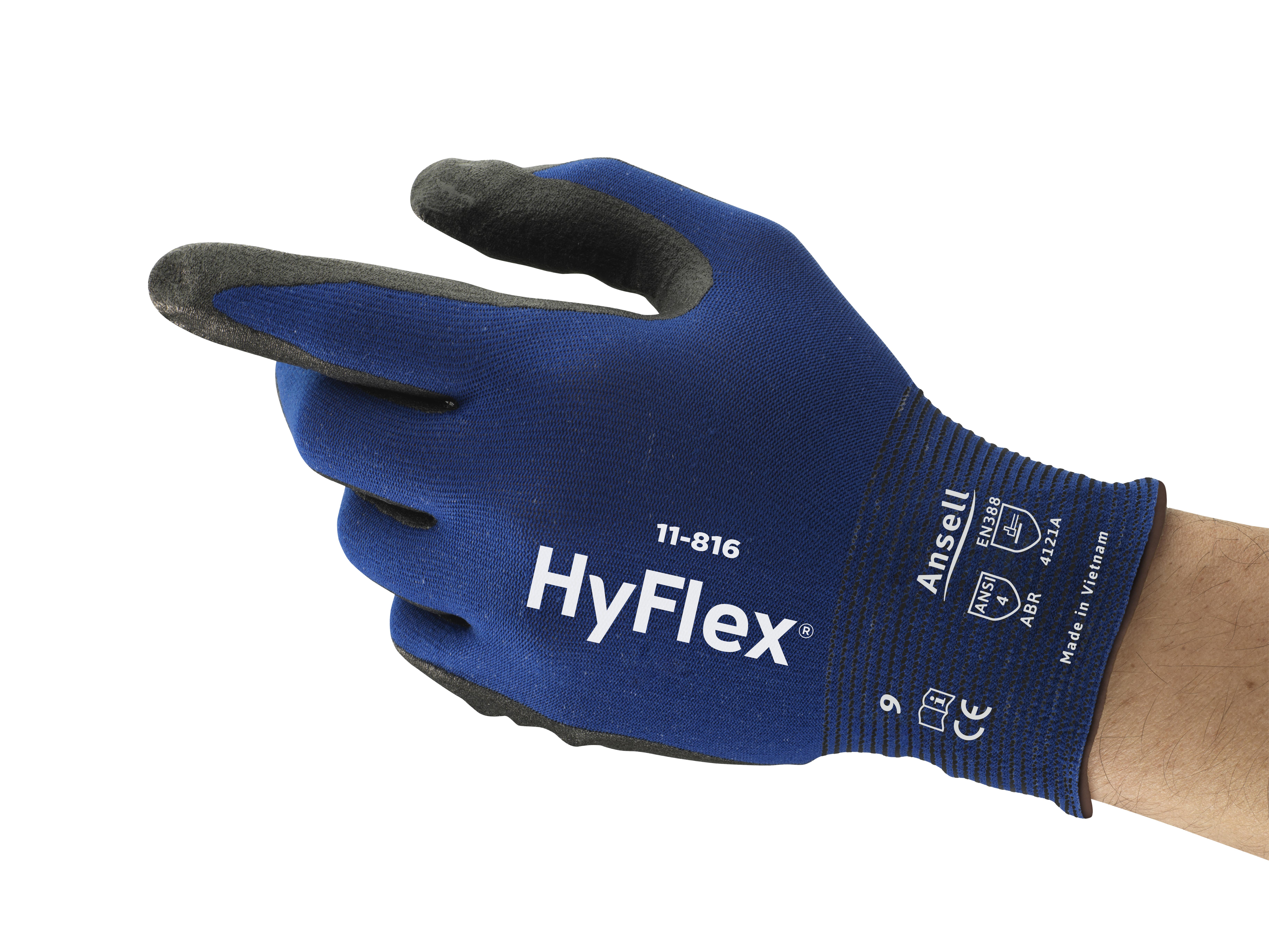HyFlex&reg; 11816VP090 11-816 Glove, Work, 9, Black/Blue, Knit Wrist Cuff, Foam Nitrile Coating, Nylon/Spandex Lining