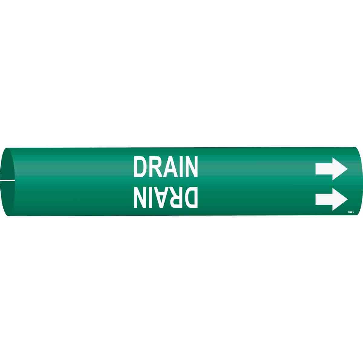 Brady® BradySnap-On™ 4055-B B Style Pipe and Valve Marker, DRAIN with Right Arrow Symbol Legend, White on Green, Fits Pipe Dia: 1-1/2 to 2-3/8 in, 7/8 in H x 7/8 in W, B-915 Plastic, Snap-On Mount