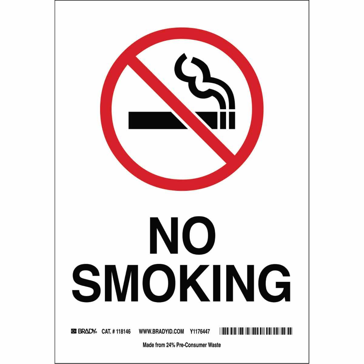 Brady® 42696 Non-Reflective Rectangular No Smoking Sign, 10 in H x 7 in W, Black/Red on White, B-555 Aluminum, Fastened Mount