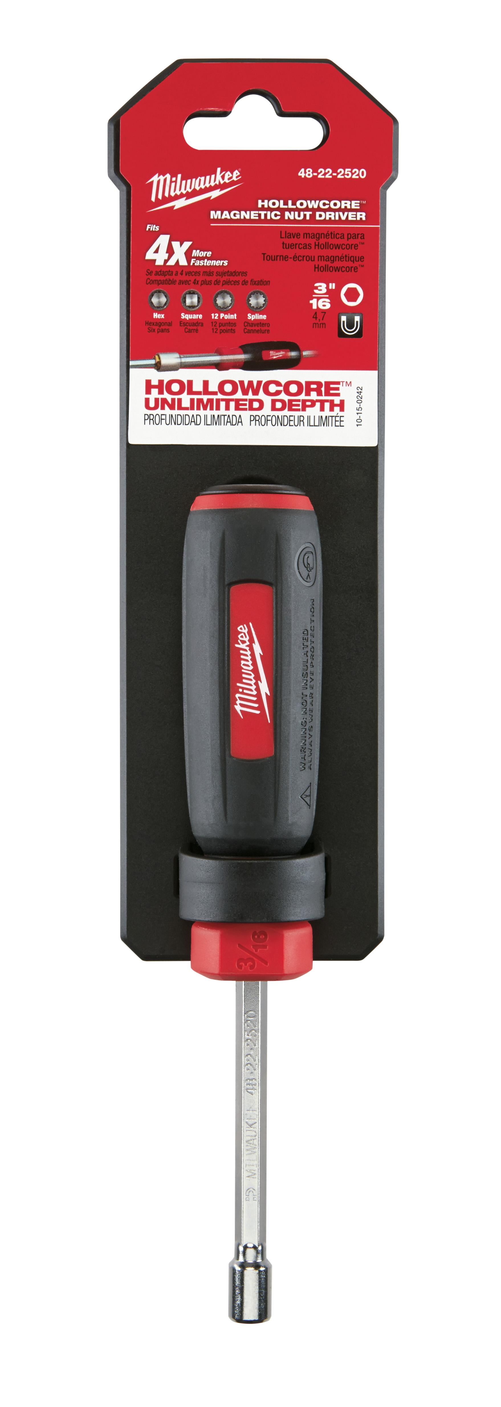 Milwaukee&reg; 48-22-2520 Magnetic Nut Driver, 3/16 in, Hex/Hollow Shank, Black/Red Cushion Grip Handle, Polished Chrome