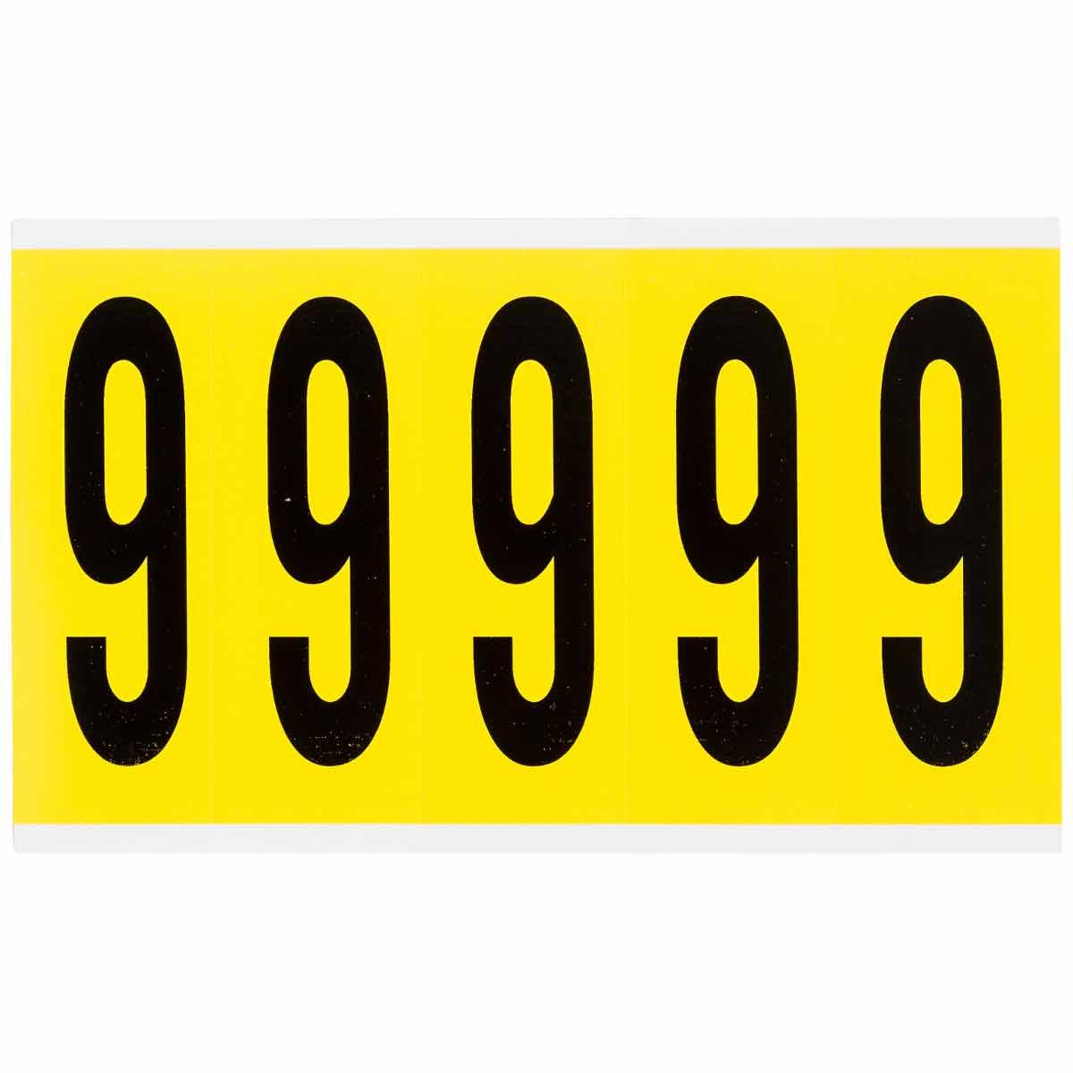 Brady&reg; 3460-9 Non-Reflective Number Label, Black 9 Character, 3-7/8 in H x 1.356 in W, Yellow Background, B-498 Vinyl Coated Fabric