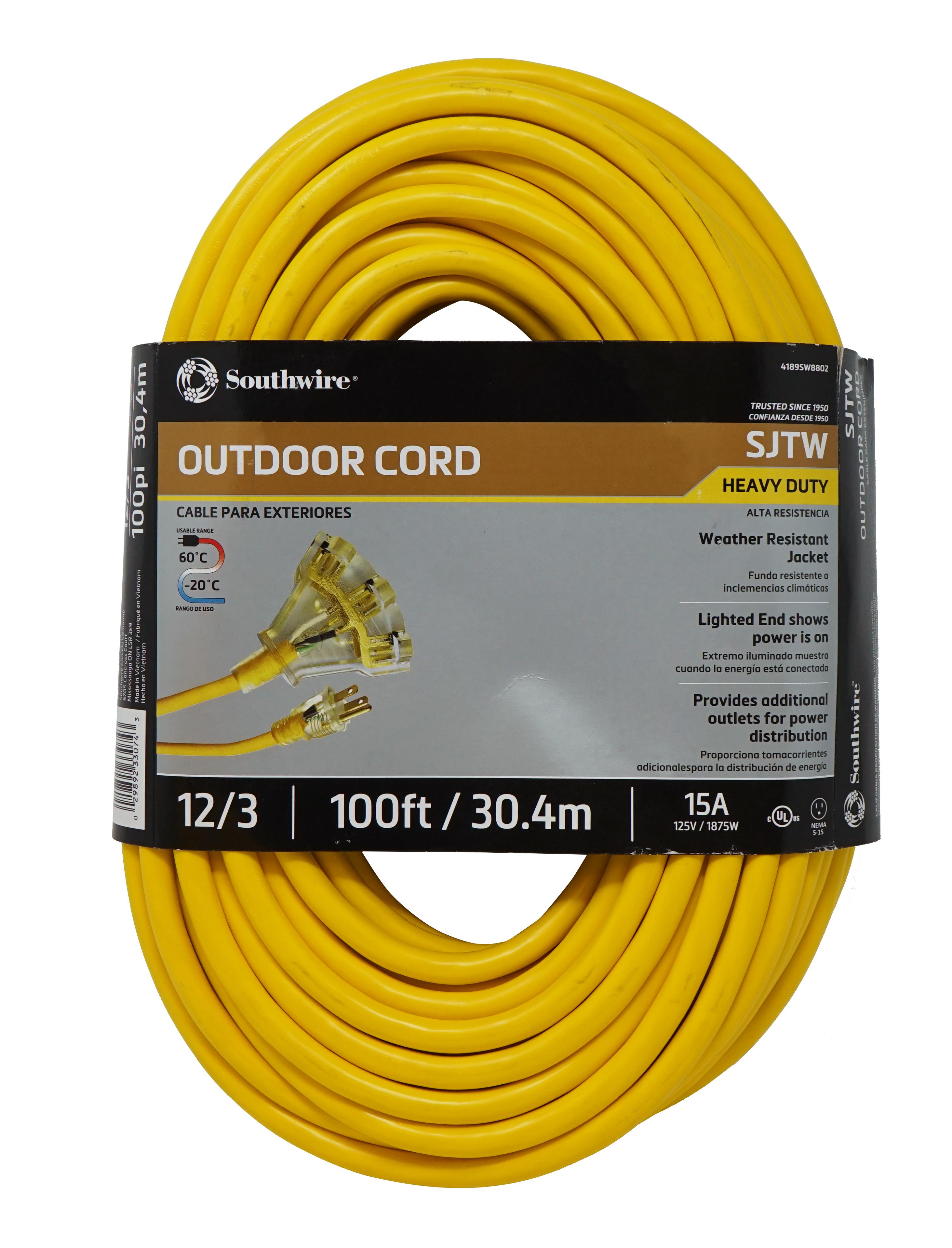 Southwire&reg; Tri-Source&reg; 4189SW8802 Type SJTW Extension Cord With Lighted End, 125 V AC, (3) 12 AWG Bare Copper Conductor, 100 ft L