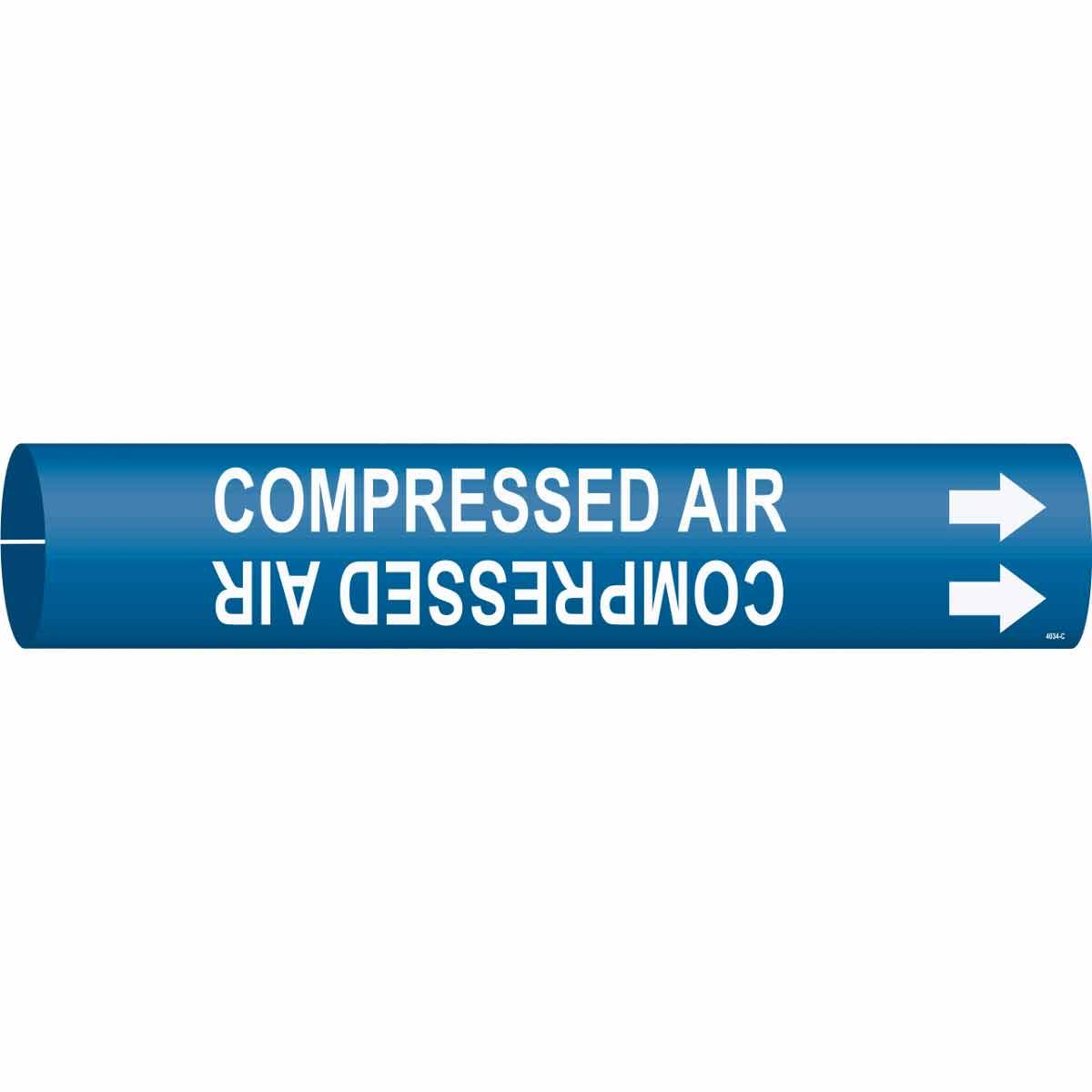 Brady® BradySnap-On™ 4034-A A Style Pipe and Valve Marker, COMPRESSED AIR with Down Arrow Symbol Legend, White on Blue, Fits Pipe Dia: 3/4 to 1-3/8 in, B-915 Plastic, Snap-On Mount