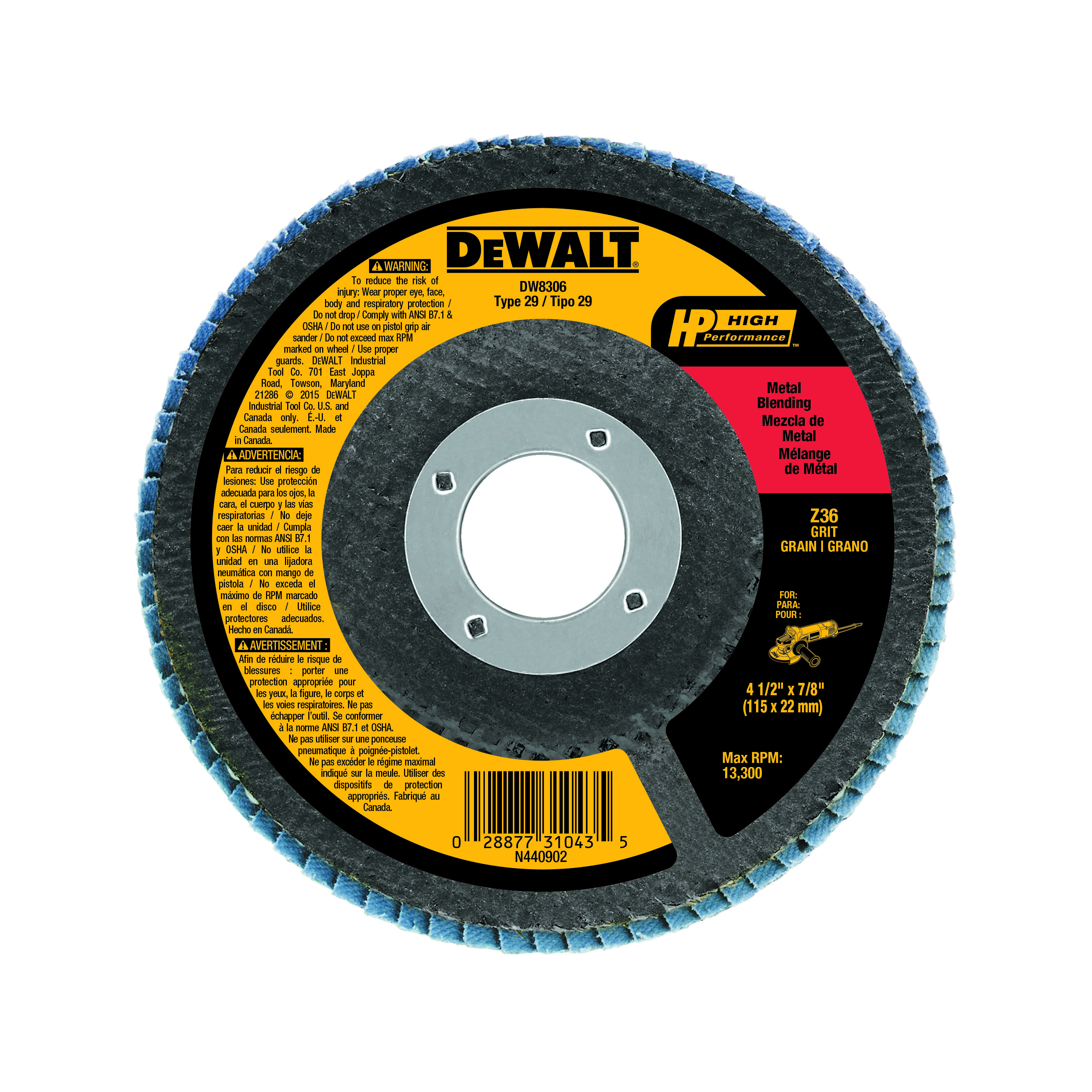 DeWALT® High Performance™ DW8308 Contaminant-Free Flap Disc, 4-1/2 in Dia Disc, 7/8 in Center Hole, 36 Grit, Medium Grade, Zirconia Alumina Abrasive, Type 29 Disc