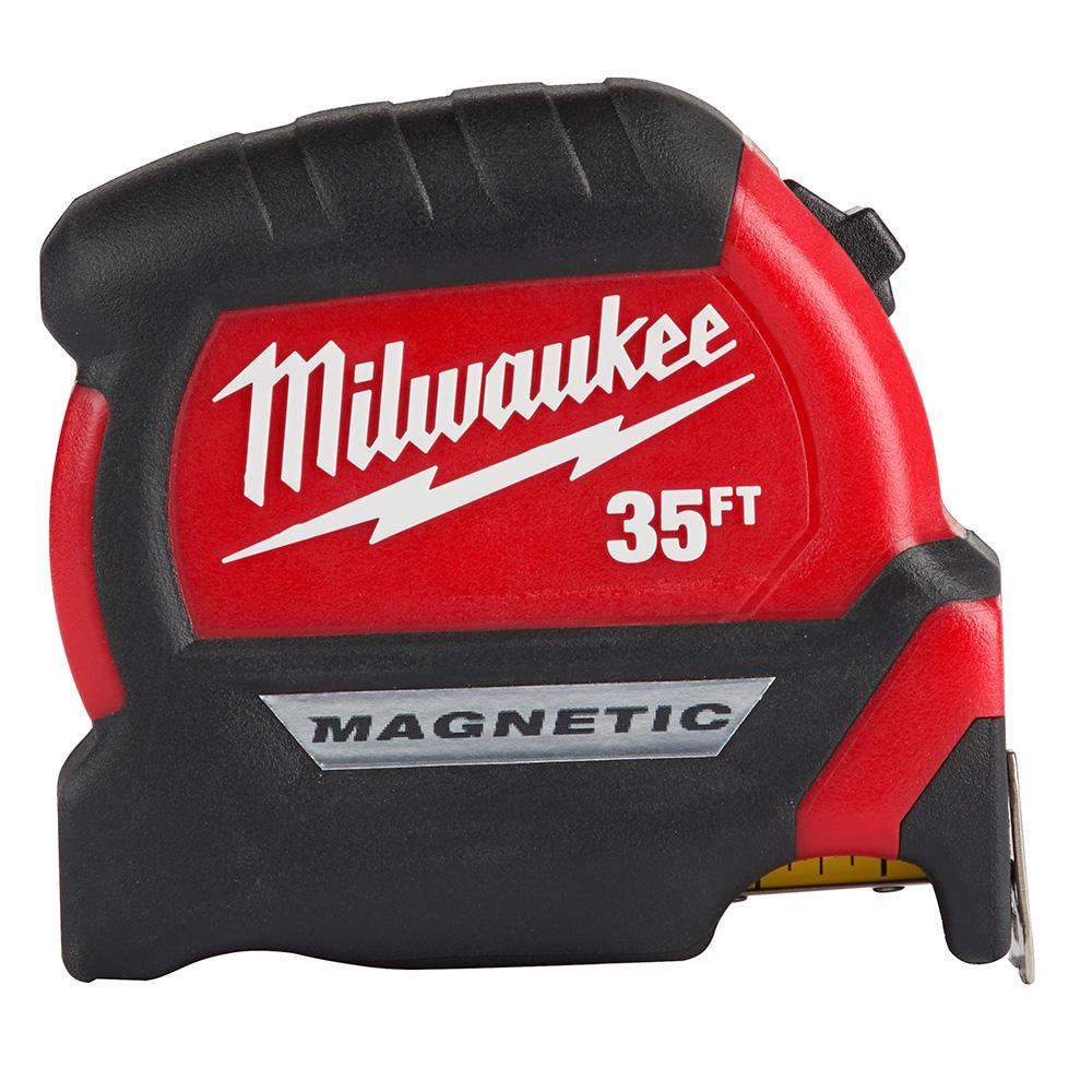 Milwaukee® 48-22-0335 Compact Magnetic Wide Measuring Tape With Belt Clip, 35 ft L x 1 in W Blade, Steel Blade, 1/16 in Graduation