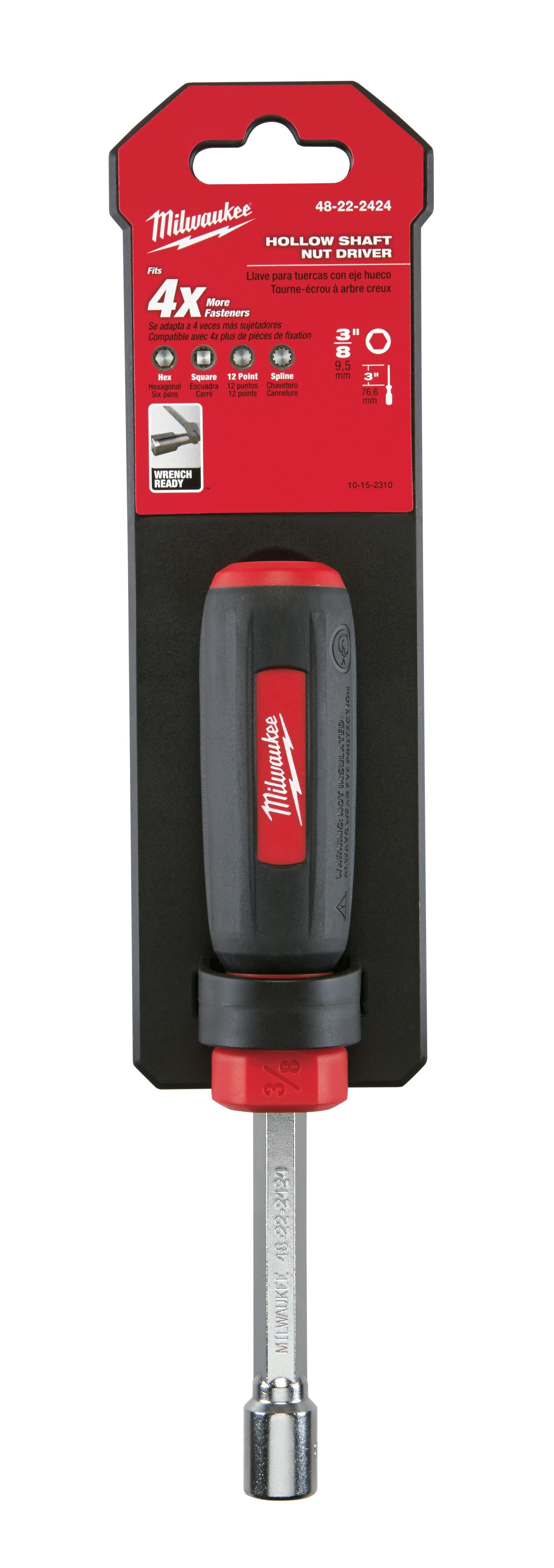 Milwaukee&reg; 48-22-2424 Nut Driver, 3/8 in, Hex/Hollow Shank, Black/Red Cushion Grip Handle, Polished Chrome