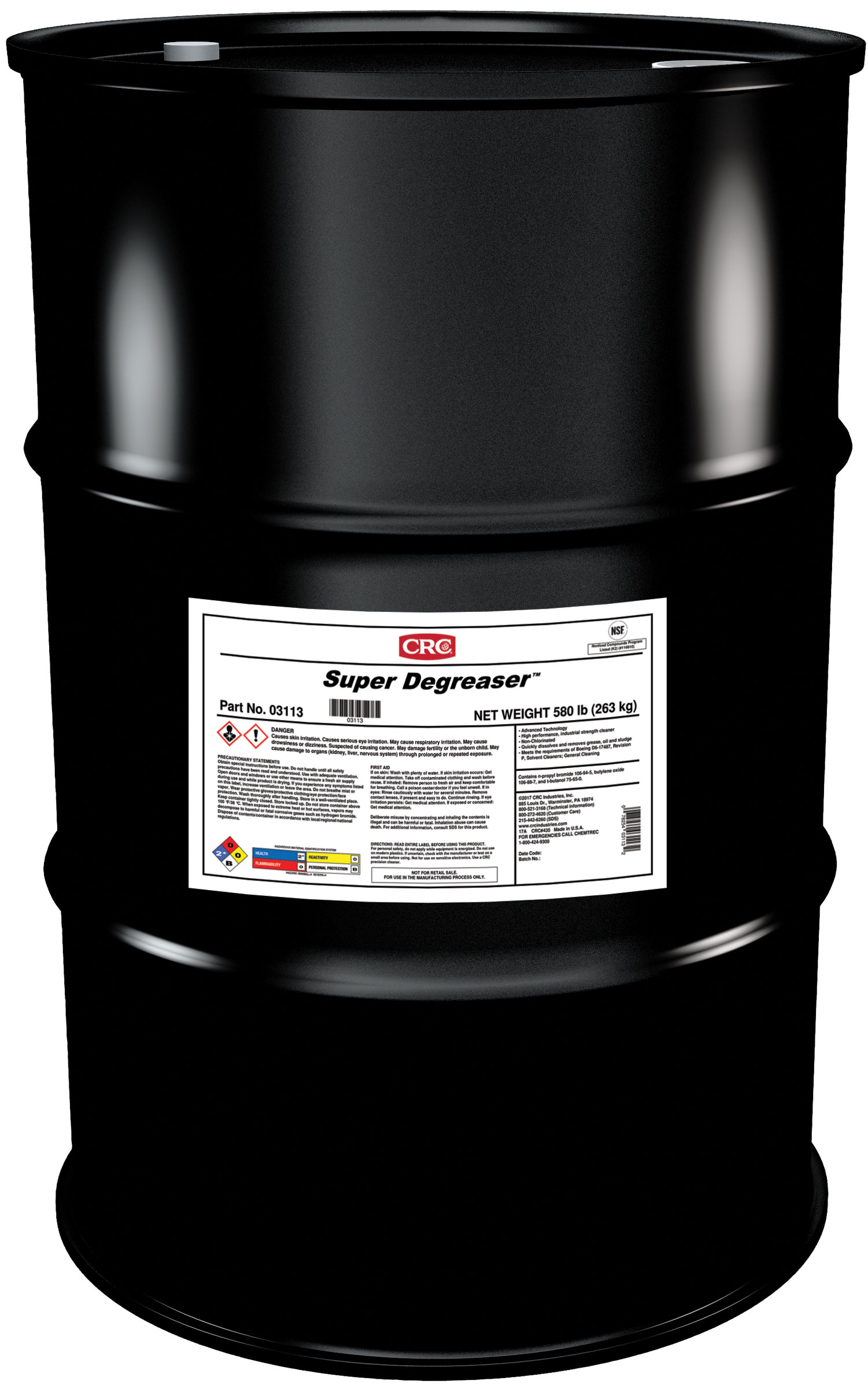 CRC&reg; 1003386 Super Degreaser&trade; Non-Chlorinated Non-Flammable Cleaner/Degreaser, 55 gal Drum, Strong Odor/Scent, Clear, Liquid Form